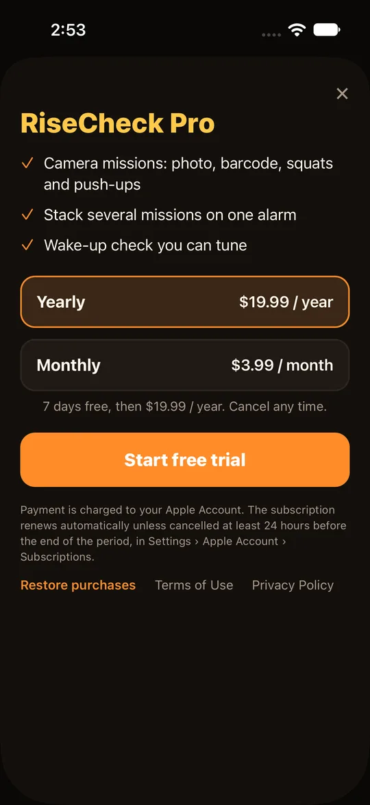 RiseCheck Pro features and price, to help you decide if the task alarm app suits you.