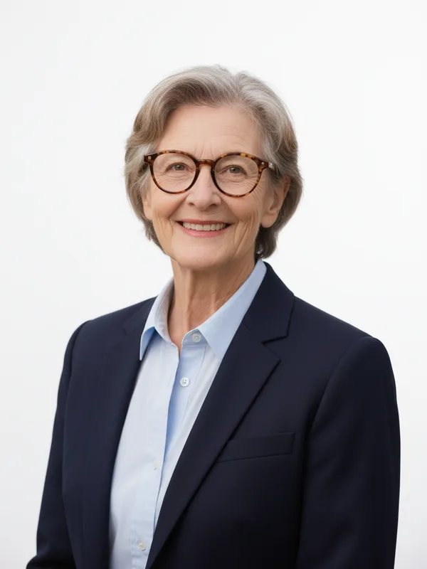 The same woman as an AI-edited professional headshot with a plain background, the kind of photo you may need to disclose