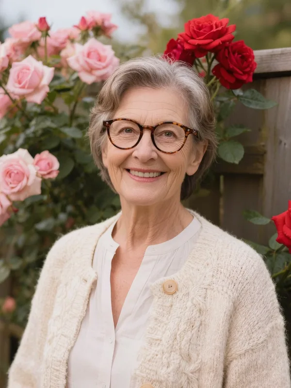 Casual photo of an older woman with glasses and a floral background before AI editing
