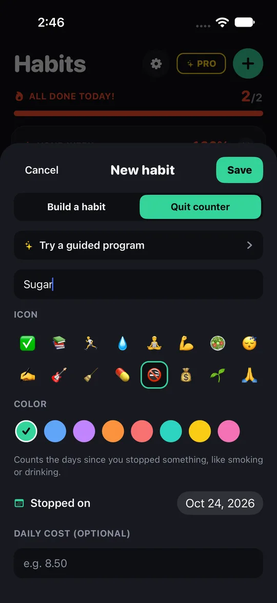 Streakfire new quit counter form for starting to count days without a habit you want to quit.
