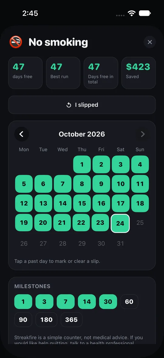 Streakfire quit counter details: days since quitting, money saved and milestones.
