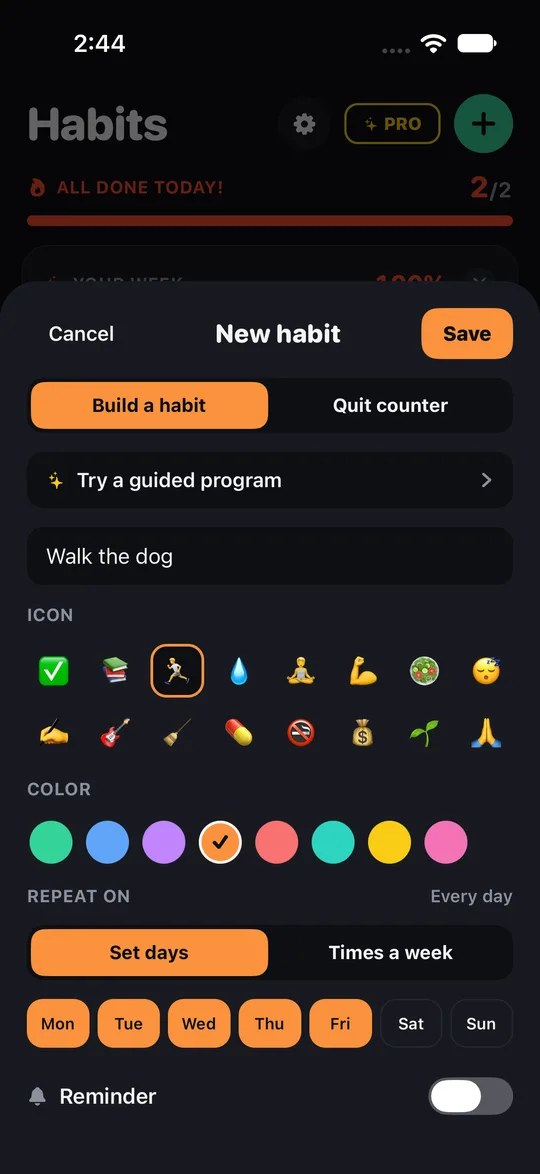 Streakfire habit screen with Monday to Friday selected as the days that count toward the streak.