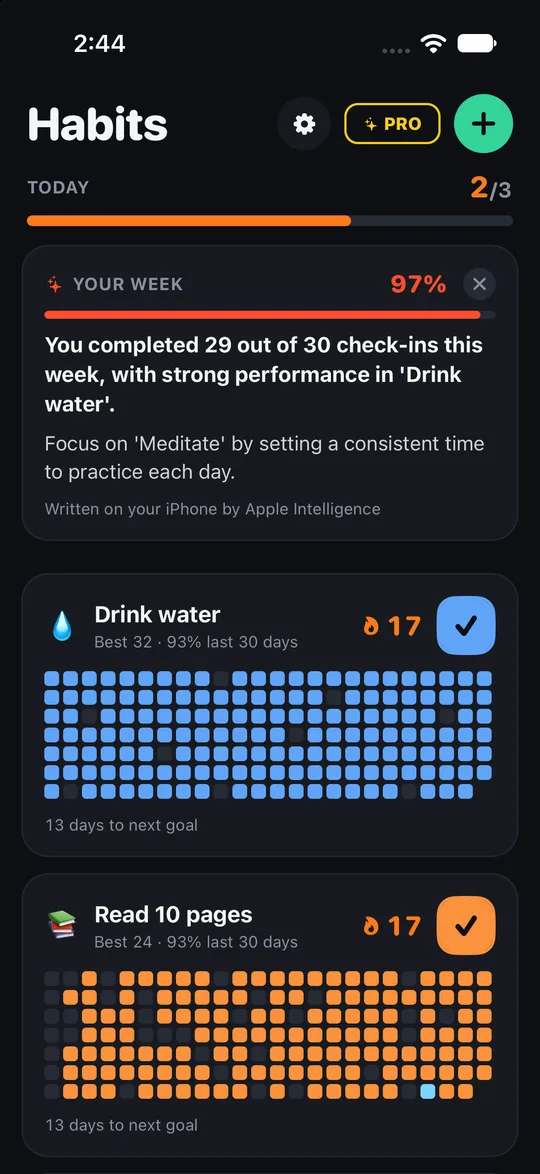 Streakfire home screen: a check-in button, the current streak and a grid of past days for one habit.