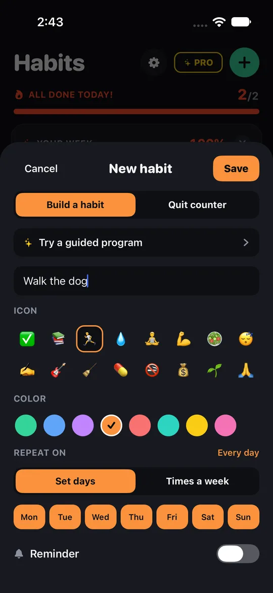 Streakfire new habit screen: name the habit, then pick an icon and a color to start your habit streak.