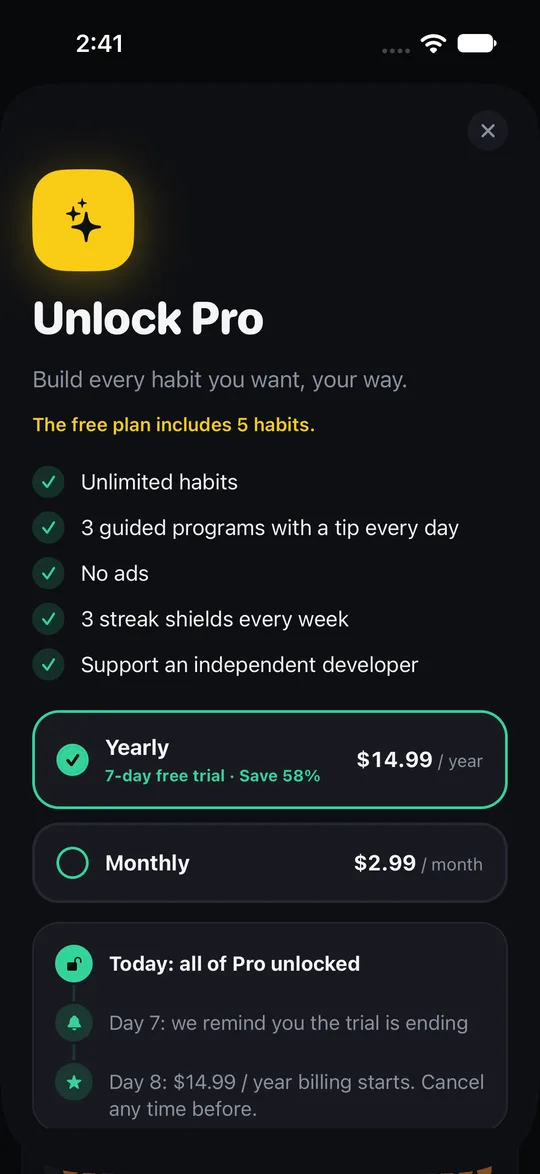 Streakfire upgrade screen shown when the free limit of 5 habits is reached.