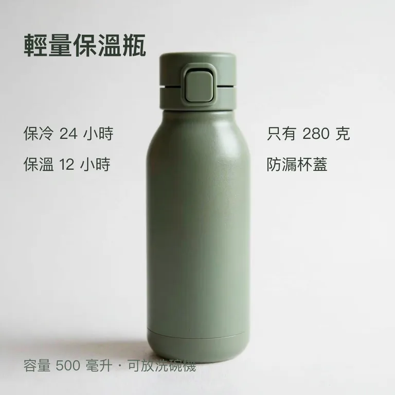 Product image of a green thermos with Chinese selling points before translating for overseas buyers