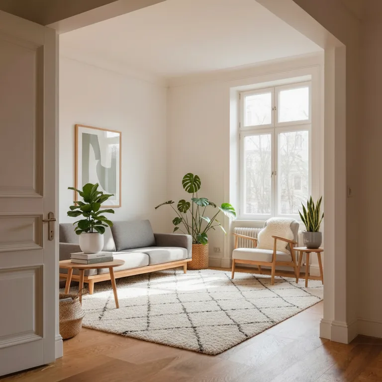 Dezelfde kamer virtueel ingericht met bank, kleed en planten in Scandinavische stijl