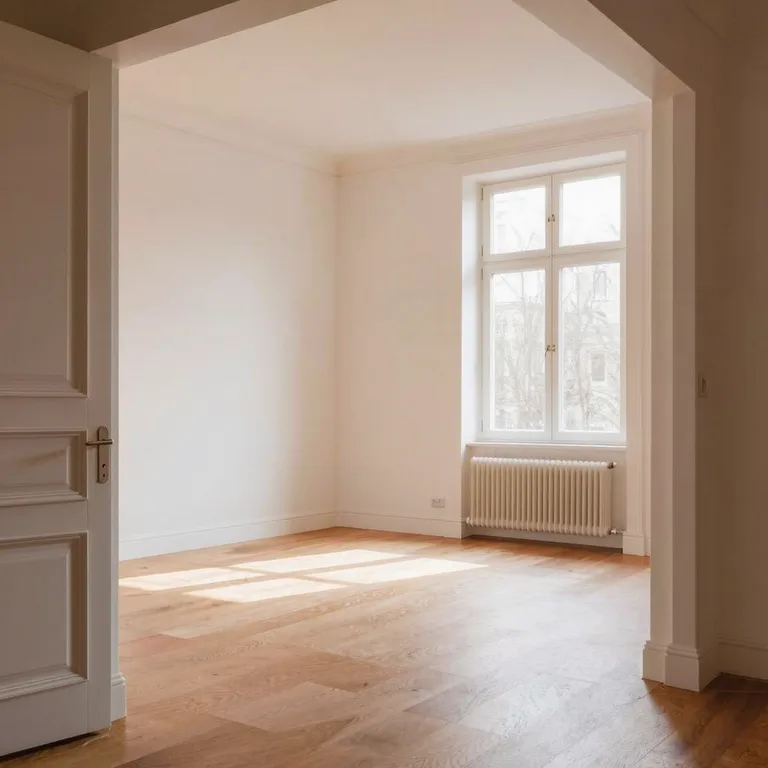 Lege lichte kamer met witte muren en een houten vloer, vóór het virtueel inrichten