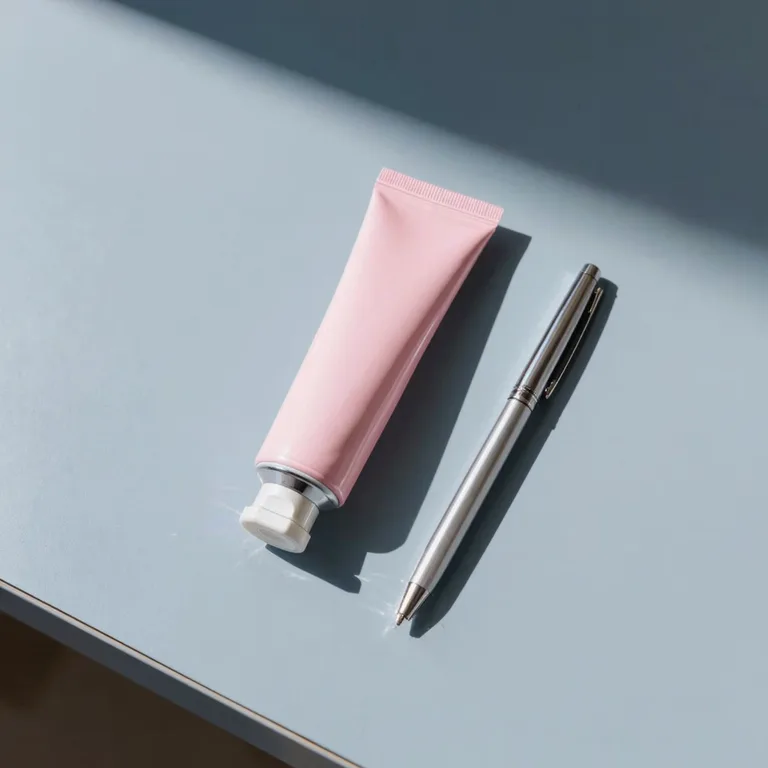 Roze tube handcrème en een pen op een blauw bureau, vóór de productfoto met witte achtergrond