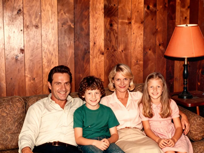 The yellowed faded old photo restored, with cleaner colors in a wood-paneled room
