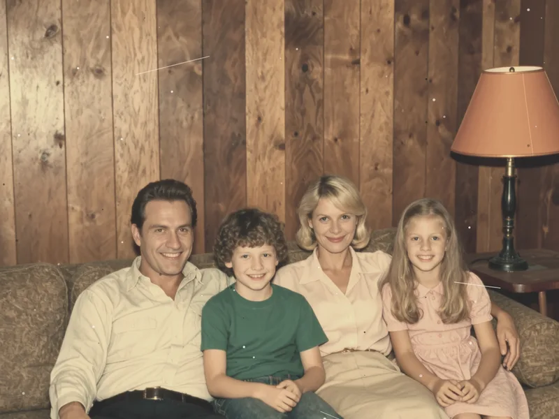 Faded yellowed old family group photo in a wood-paneled room