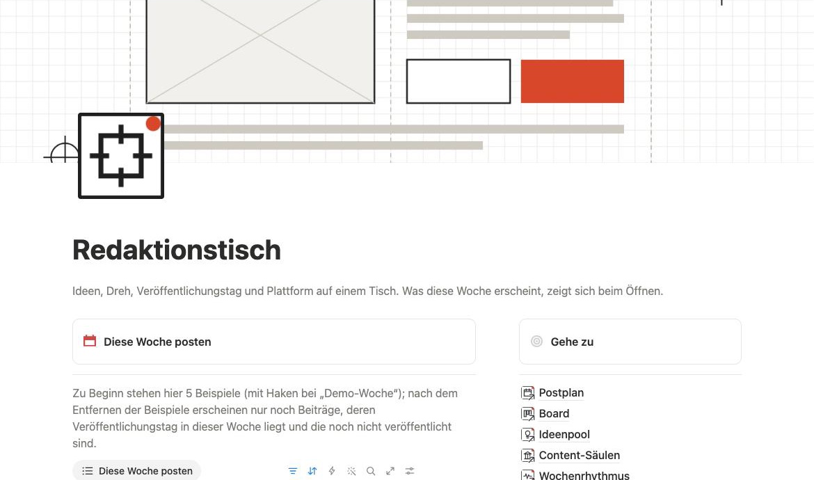 Redaktionstisch-Redaktionskalender in Notion mit einem Monat voller Posts