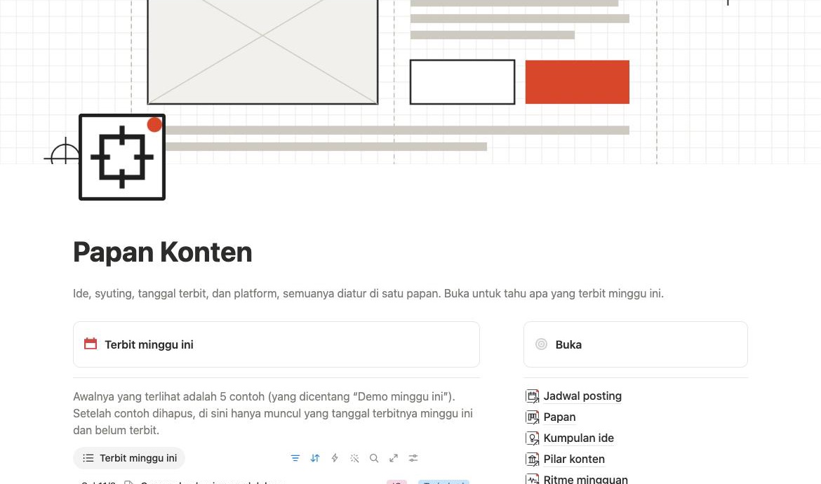 Kalender konten Papan Konten di Notion dengan konten sebulan penuh