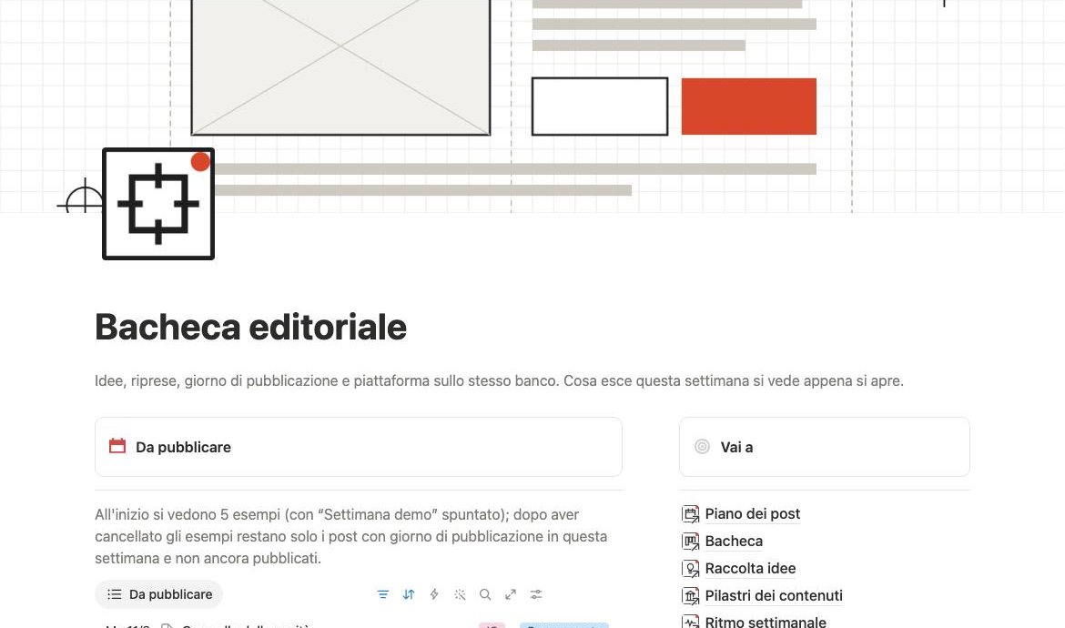 Calendario editoriale di Bacheca editoriale in Notion con un mese di contenuti