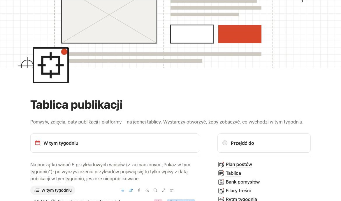 Kalendarz treści Tablicy publikacji w Notion z wpisami z całego miesiąca