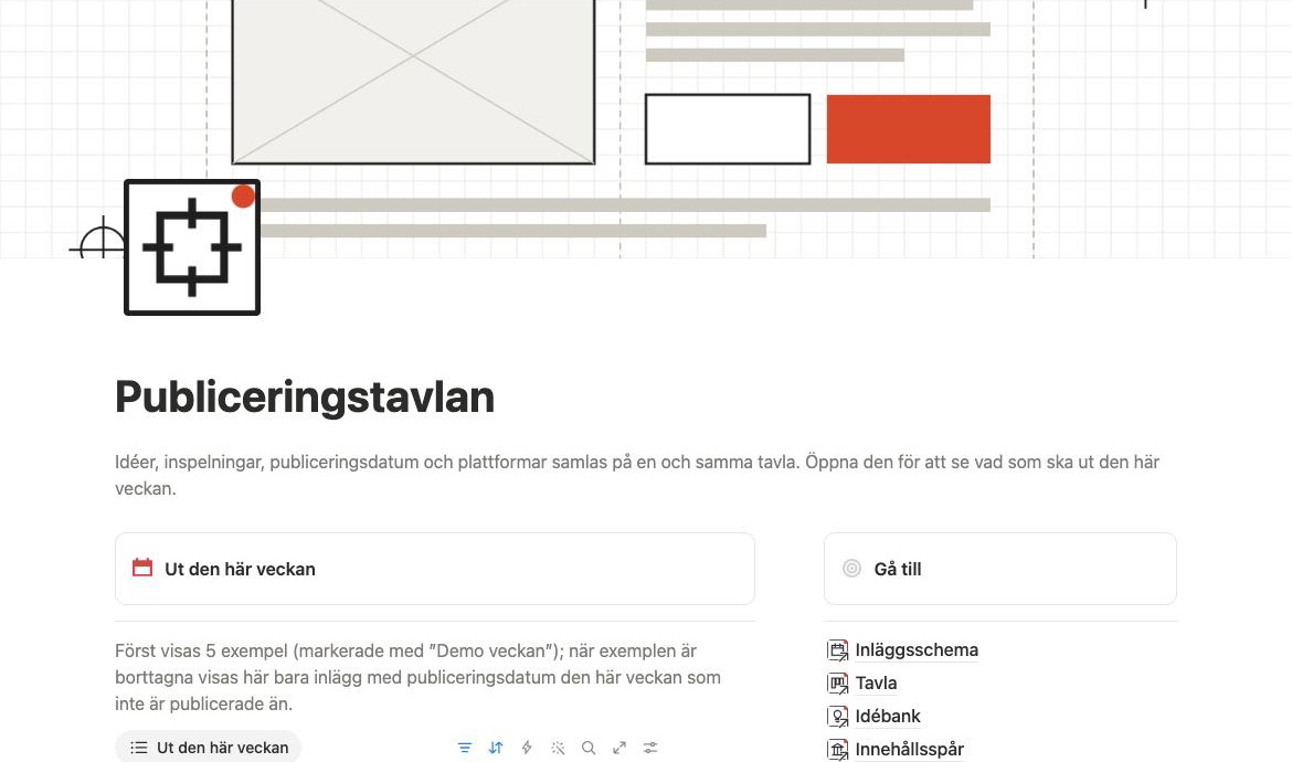 Innehållskalendern i Publiceringstavlan i Notion med en månads inlägg