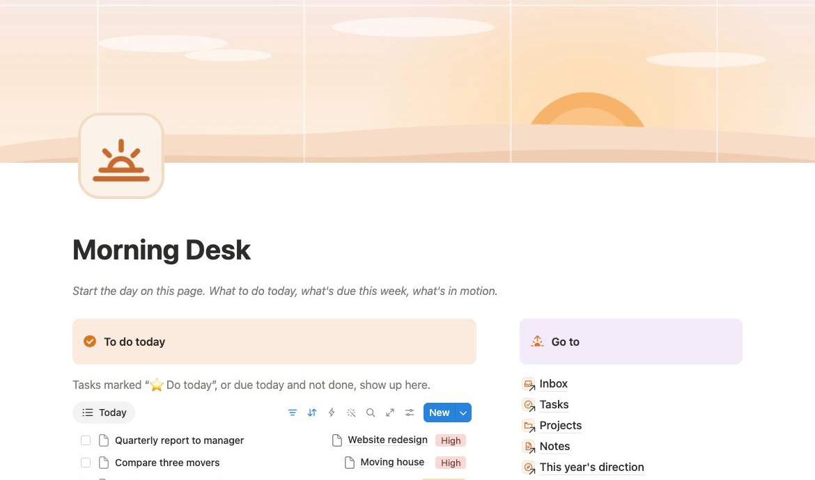 Morning Desk home page in Notion: today's tasks, this week, active projects and recent notes