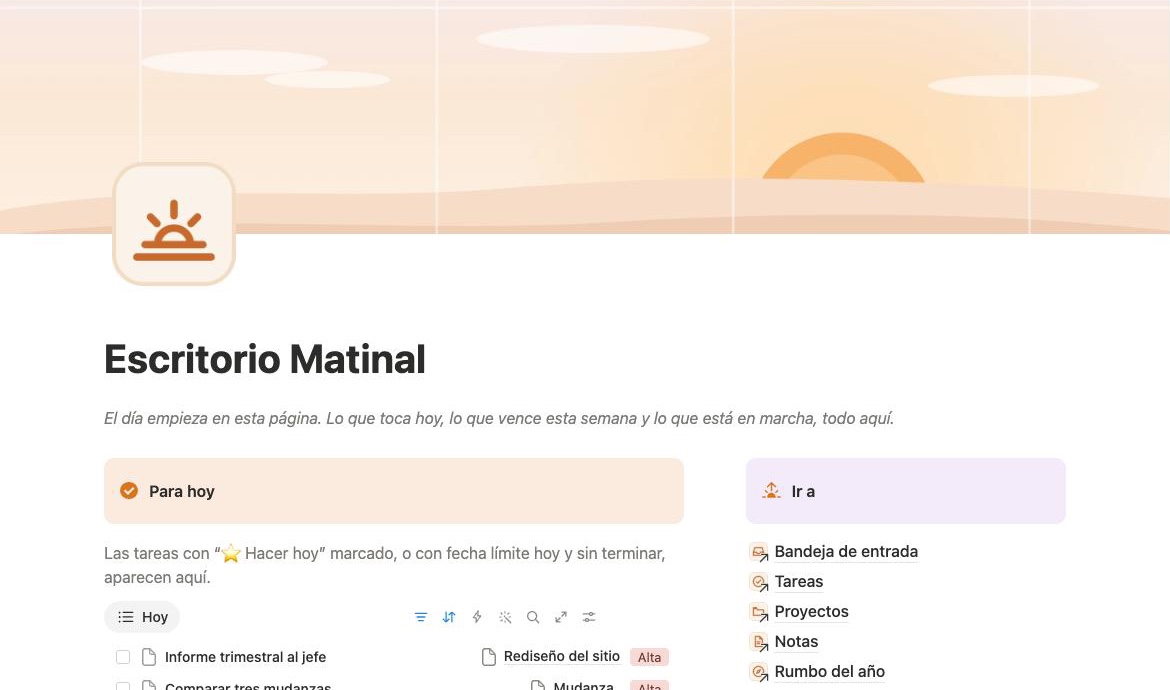 Página de inicio de Escritorio Matinal en Notion: tareas de hoy, la semana, proyectos en curso y notas recientes