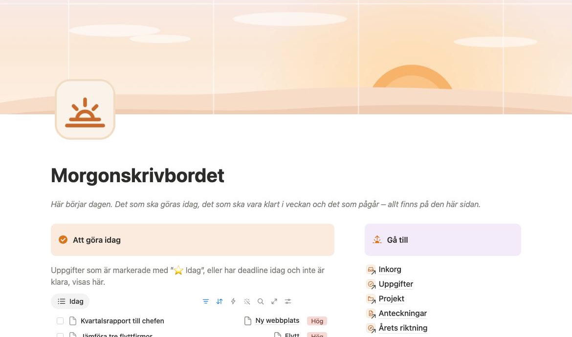 Startsidan för Morgonskrivbordet i Notion: dagens uppgifter, veckan, pågående projekt och nya anteckningar