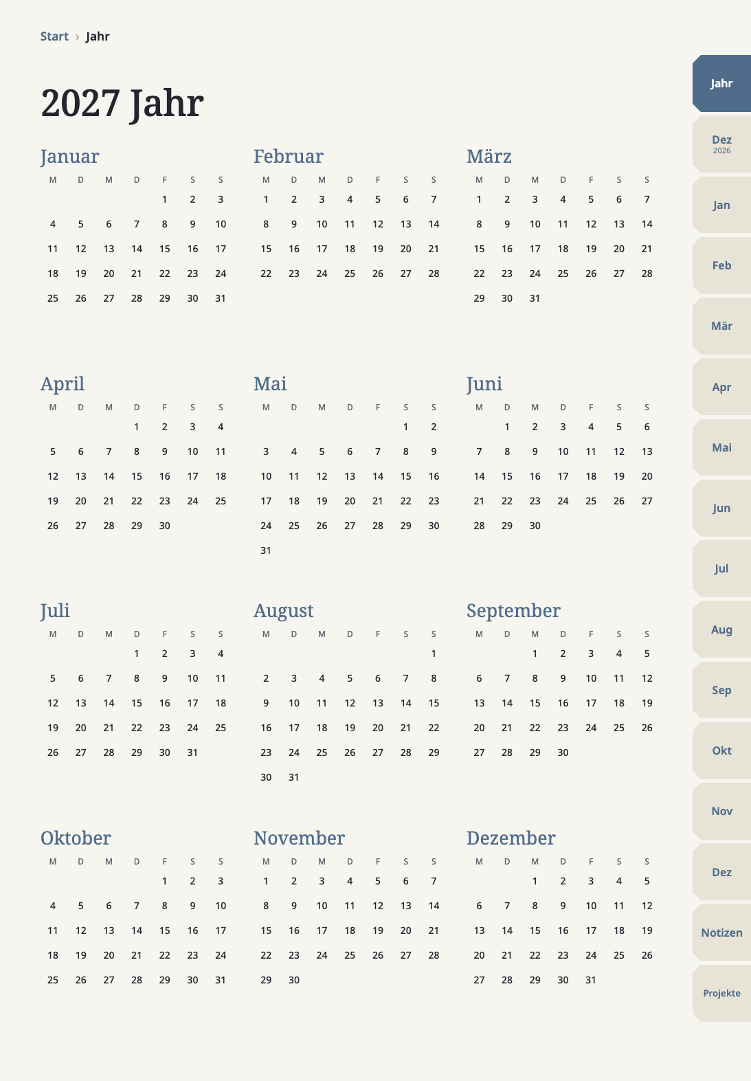Jahreskalender des digitalen Planers 2027 mit allen 12 Monaten
