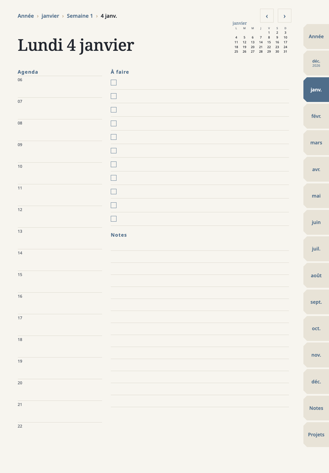 Page du jour du 4 janvier 2027 avec chronologie, à-faire et notes