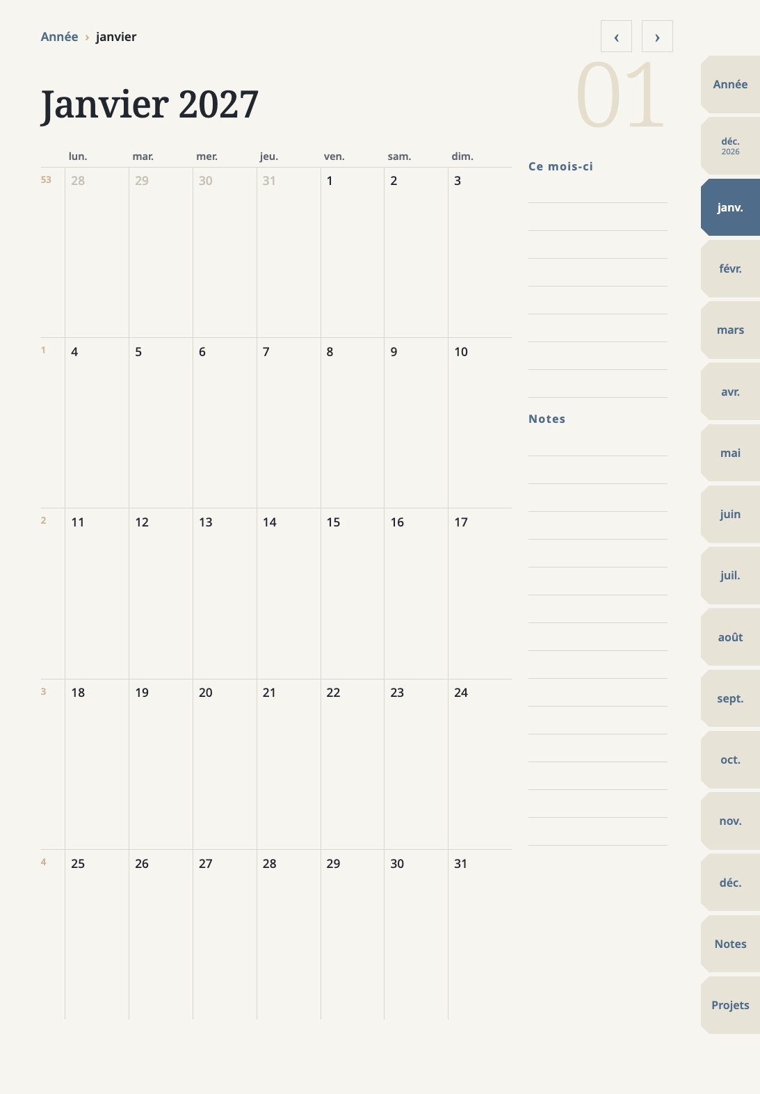 Page du mois de janvier 2027 de l’agenda numérique pour iPad