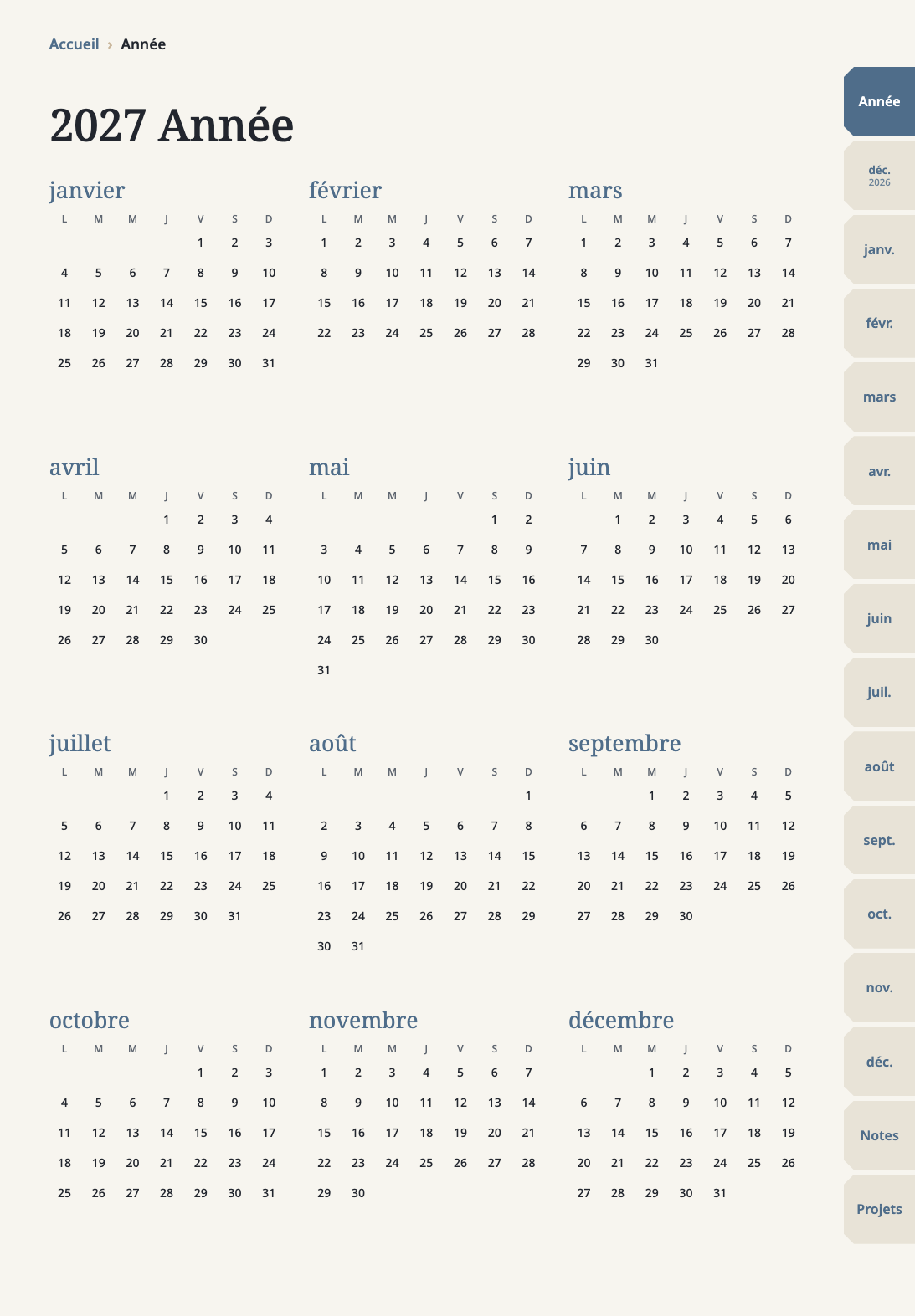 Page annuelle de l’agenda numérique 2027 avec les 12 mois