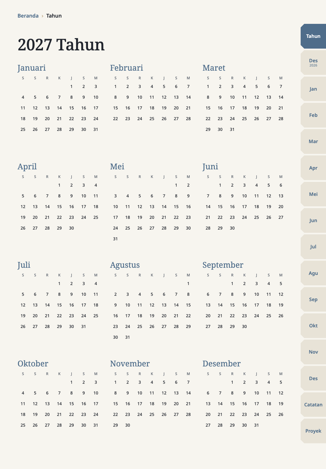 Halaman tahunan planner digital 2027 dengan semua 12 bulan