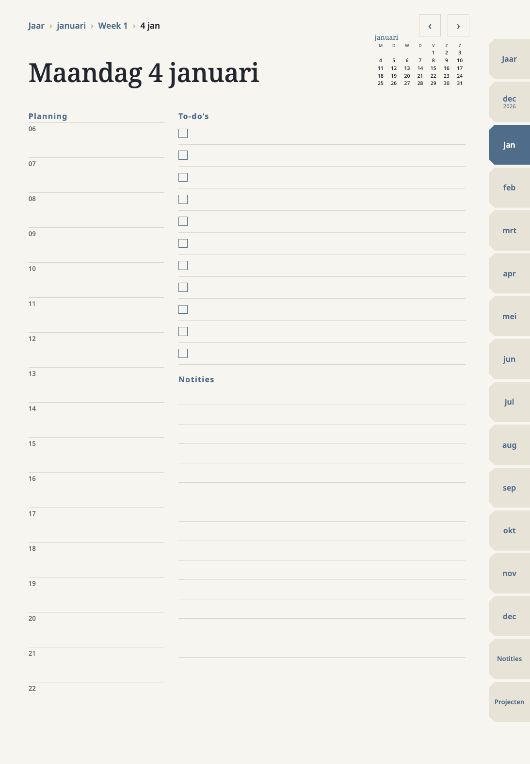 Dagpagina voor 4 januari 2027 met tijdlijn, to-do's en notities