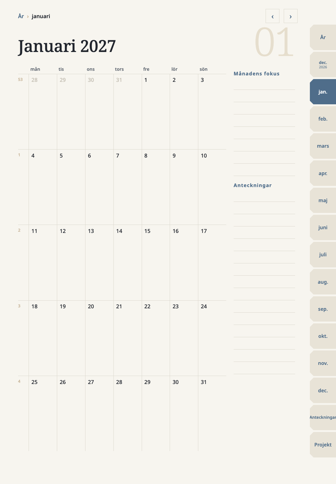 Månadssida för januari 2027 i digital planner för iPad