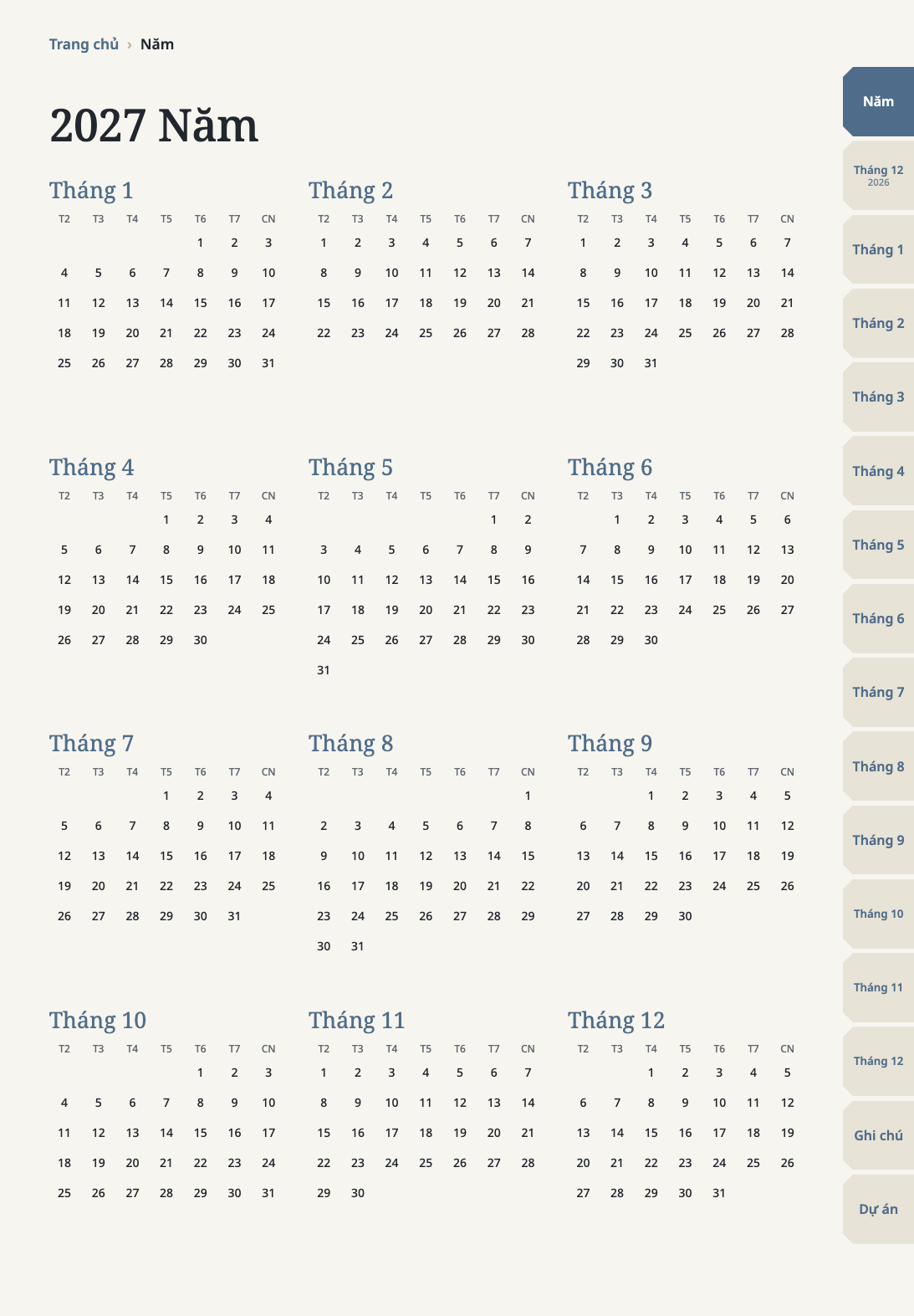 Trang lịch năm của planner kỹ thuật số 2027 với đủ 12 tháng